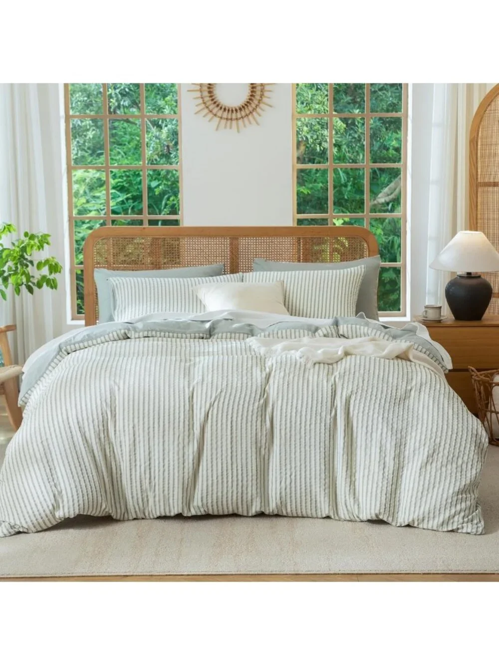 Sage Green Striped King Comforter Set - Soft Microfiber Bedding, 3 Pieces, All